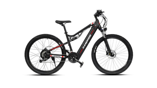 Black electric bike with red accents on a white background