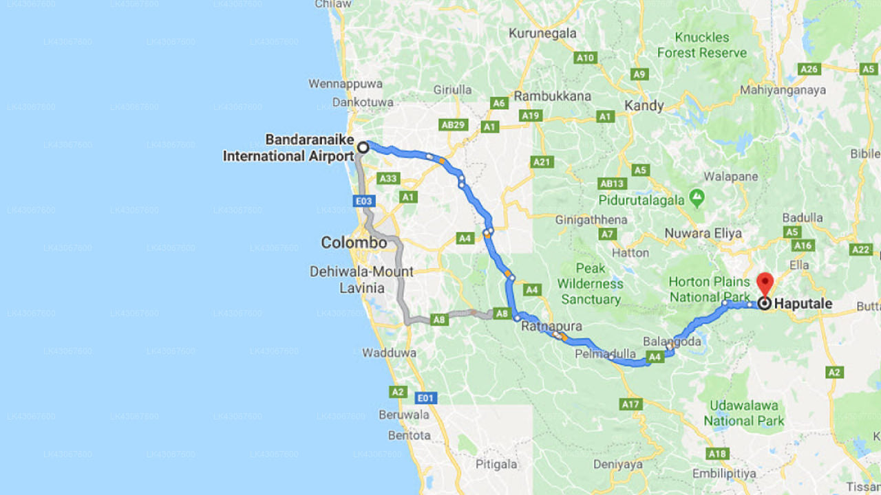 Transfer between Colombo Airport (CMB) and Hudhakalawa, Haputale