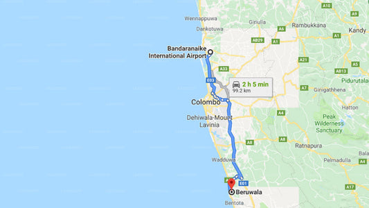 Transfer between Colombo Airport (CMB) and Roy Villa Beach Hotel, Beruwala