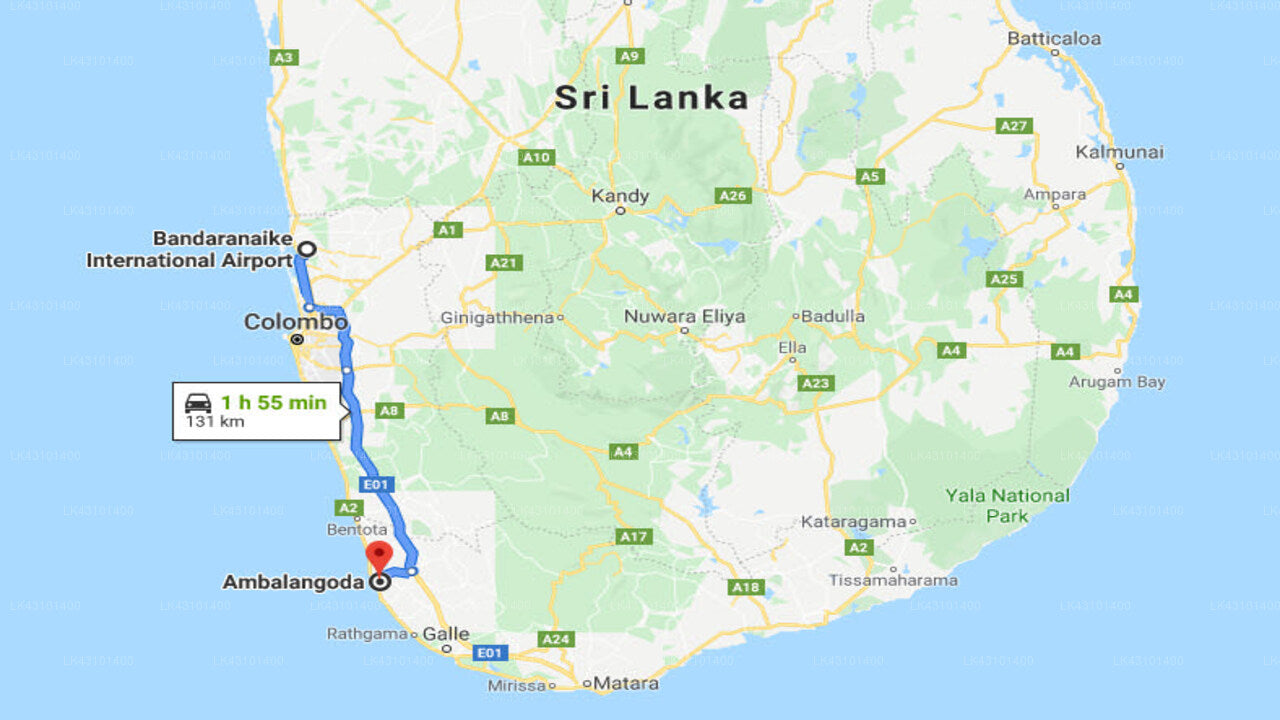 Transfer between Colombo Airport (CMB) and Villa Karadiya, Ambalangoda