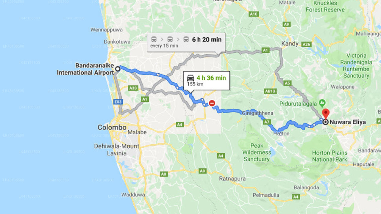 Transfer between Colombo Airport (CMB) and Sanasa Holiday Bungalows, Nuwara Eliya
