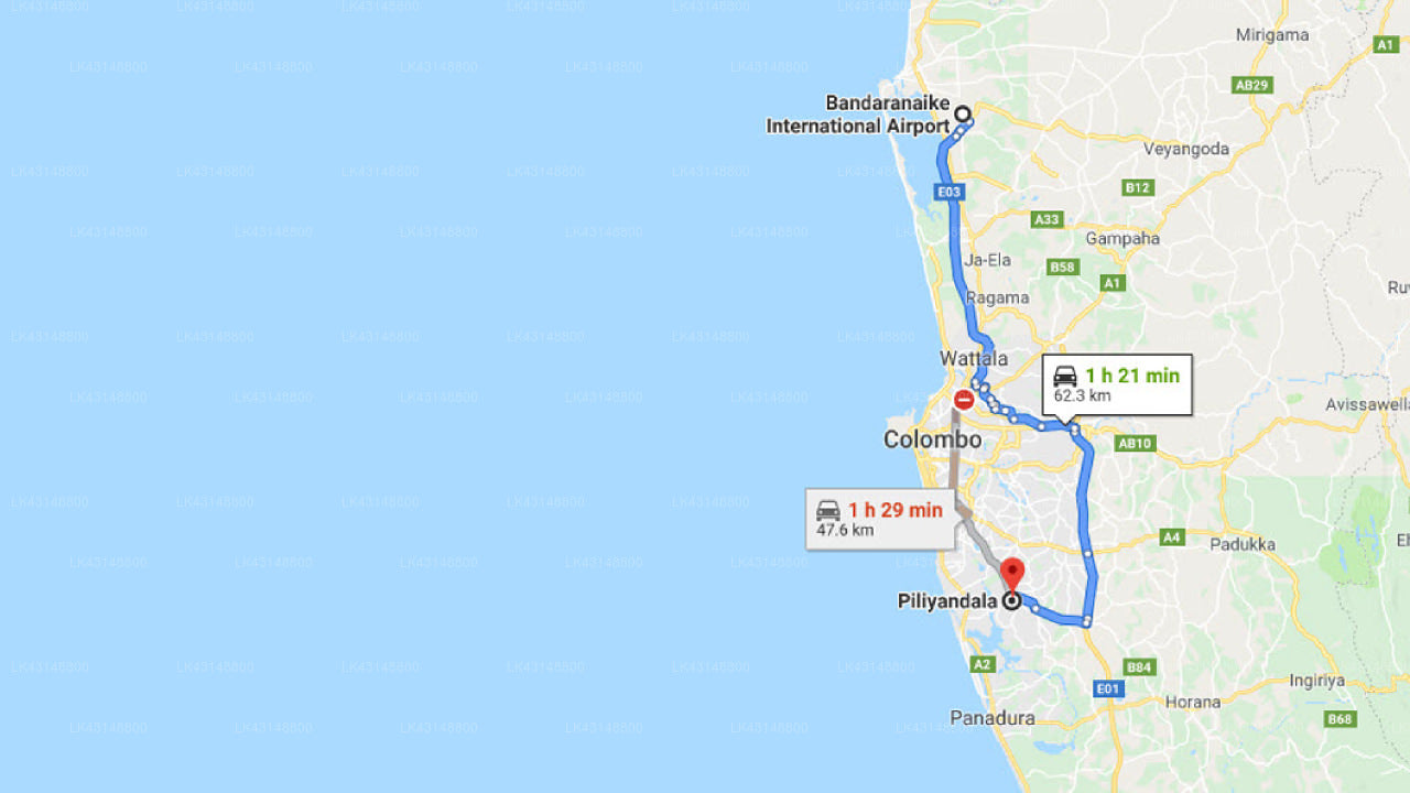 Transfer between Colombo Airport (CMB) and Club Penthouse Island Resort, Piliyandala