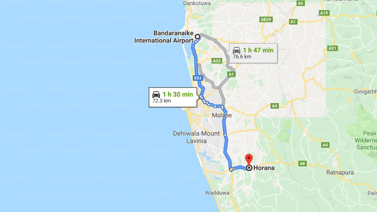 Transfer between Colombo Airport (CMB) and Tranquilla Holiday Bungalow, Horana