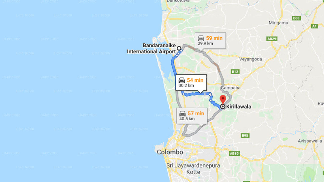 Transfer between Colombo Airport (CMB) and Silvertrends, Kirillawala