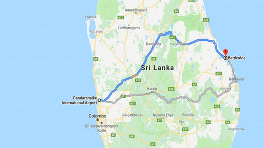 Transfer between Colombo Airport (CMB) and Hotel Nirutha, Batticaloa