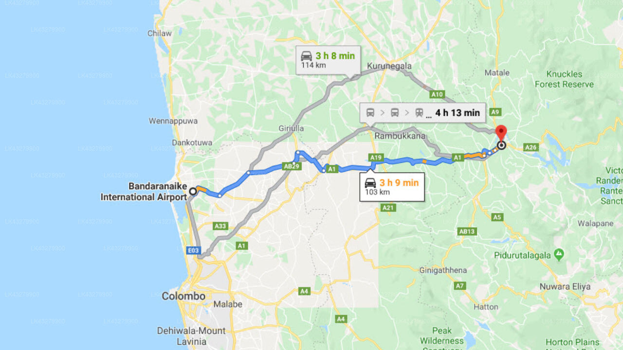 Transfer between Colombo Airport (CMB) and Hotel The Wild Nillamba, Kandy