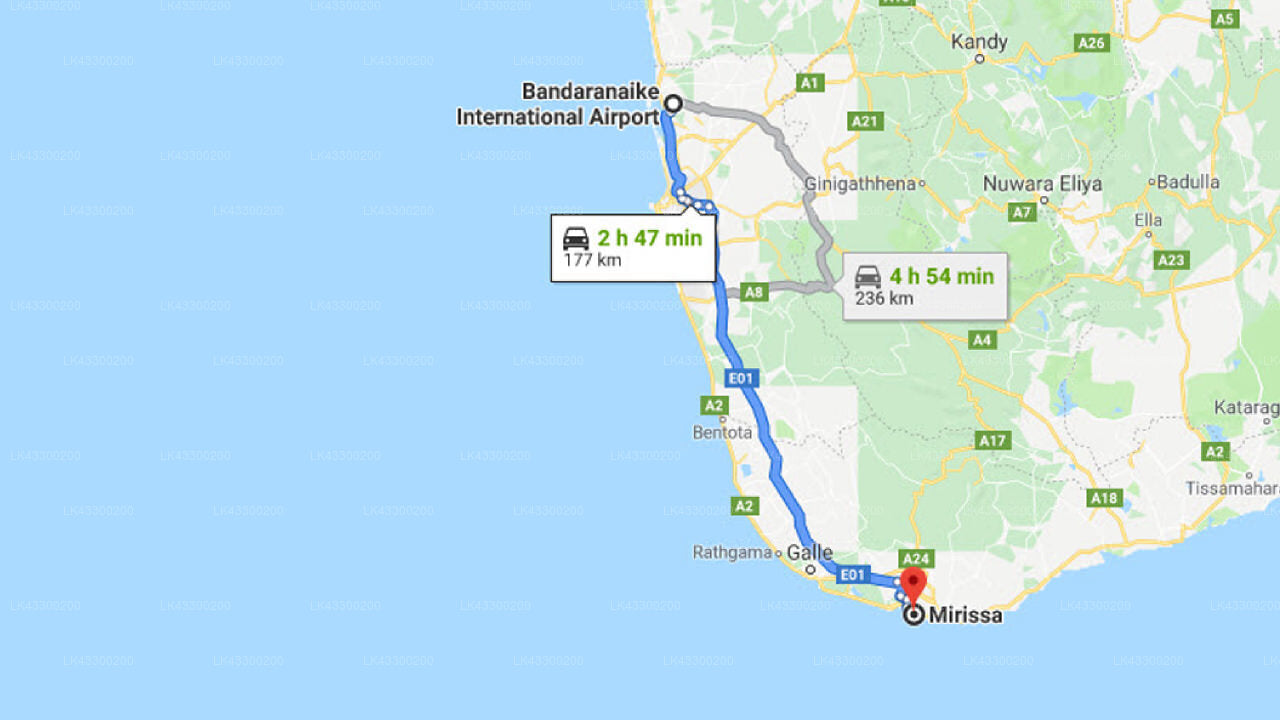 Transfer between Colombo Airport (CMB) and Ubuntu Beach Villas, Mirissa